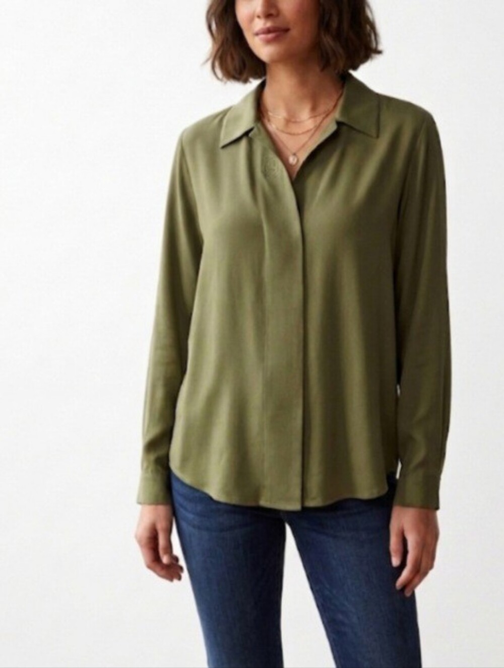 Vintage Anna & Frank 100% Silk Blouse Olive Green -Size M